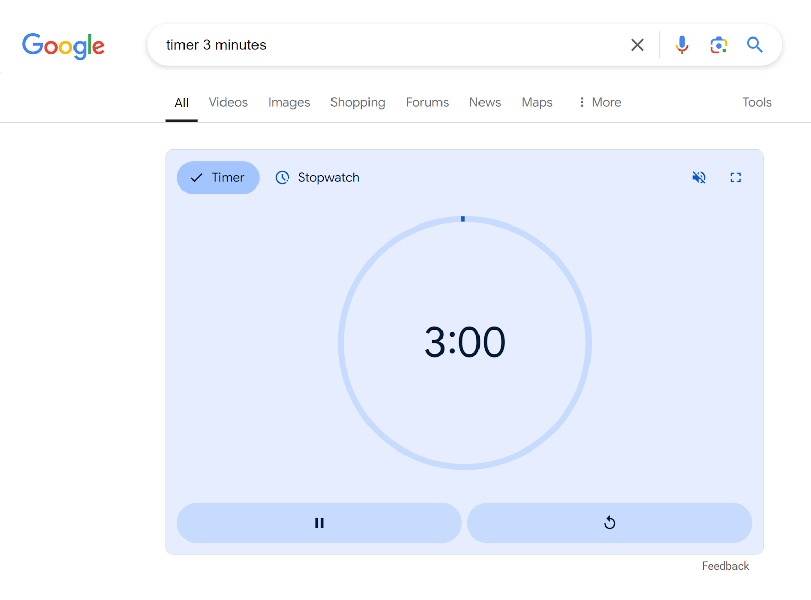 Google SERP for 'timer 3 minutes' showing 3 minute timer countdown