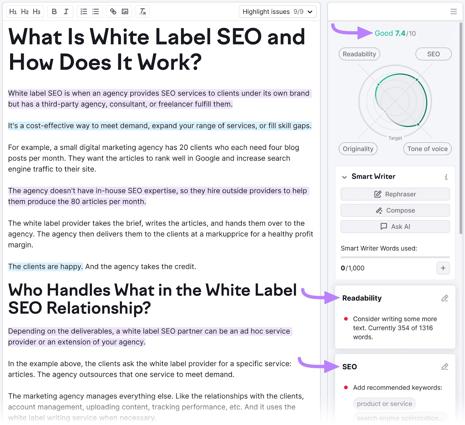 SEO Writing Assistant editor with an article on white label SEO on the left and content scores and suggestion on the right