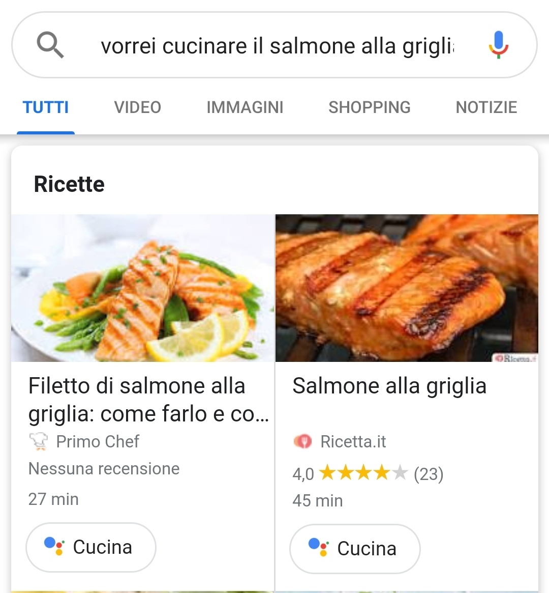 Il bottone "Cucina" in serp permette di inviare la ricetta allo Smart Display
