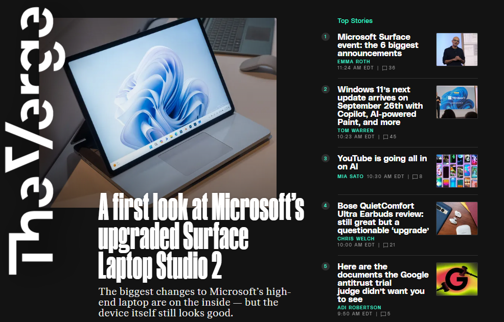 The Verge landing page