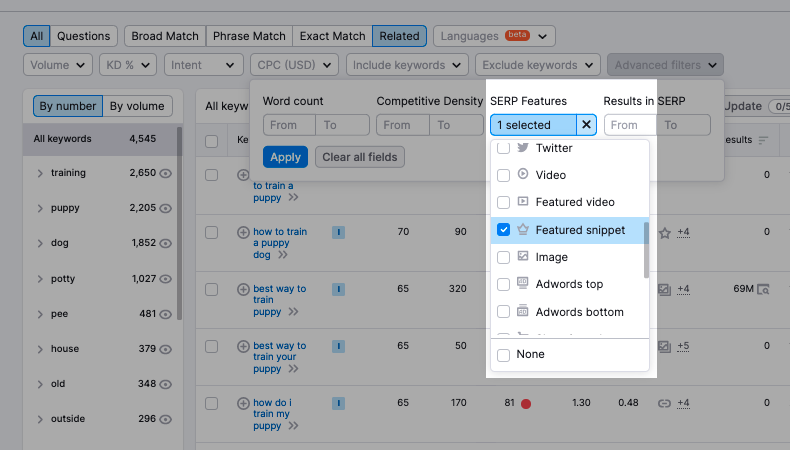 Using advanced keyword research with KMT to find serp feature keywords