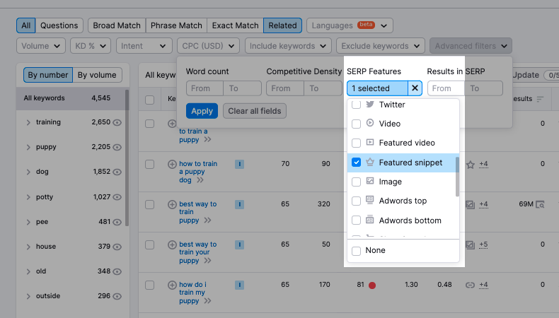 Using precocious  keyword probe   with KMT to find   serp diagnostic   keywords