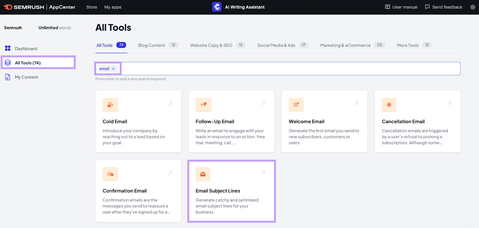 Search surface  for email tools connected  the AI Writing Assistant dashboard.