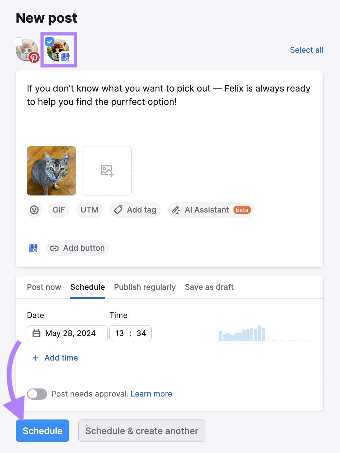 Semrush Social Poster interface for scheduling a new post.