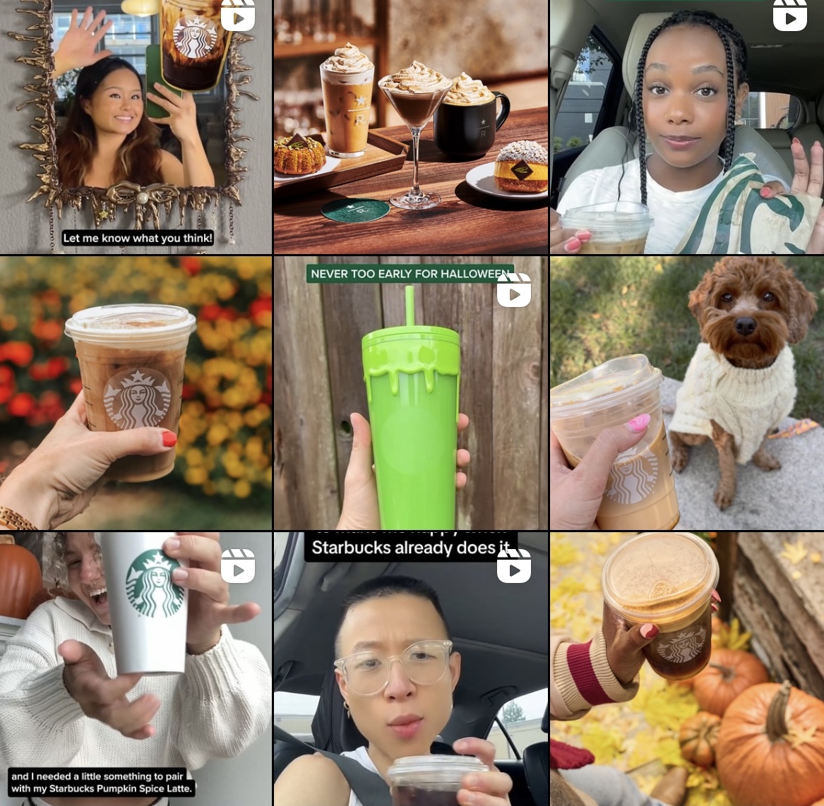 Starbucks account showing how posts vary between Reels and still images