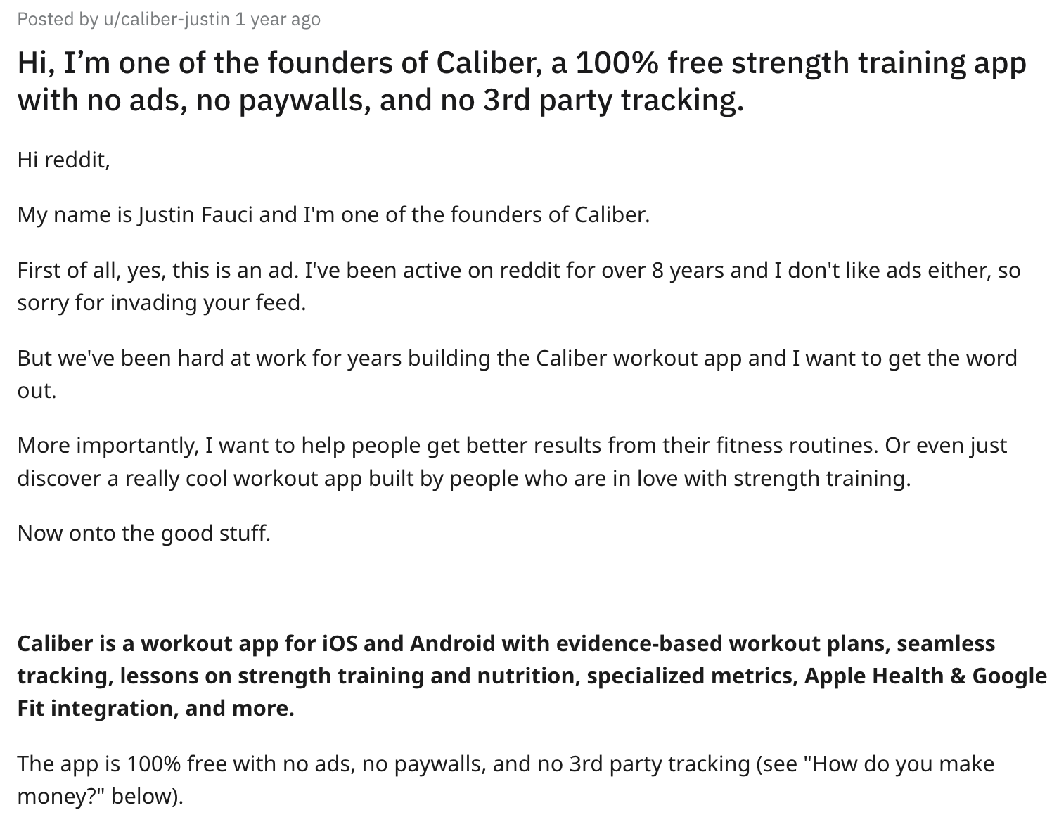 Caliber's Reddit ad copy from Justin Fauci, one of the founders