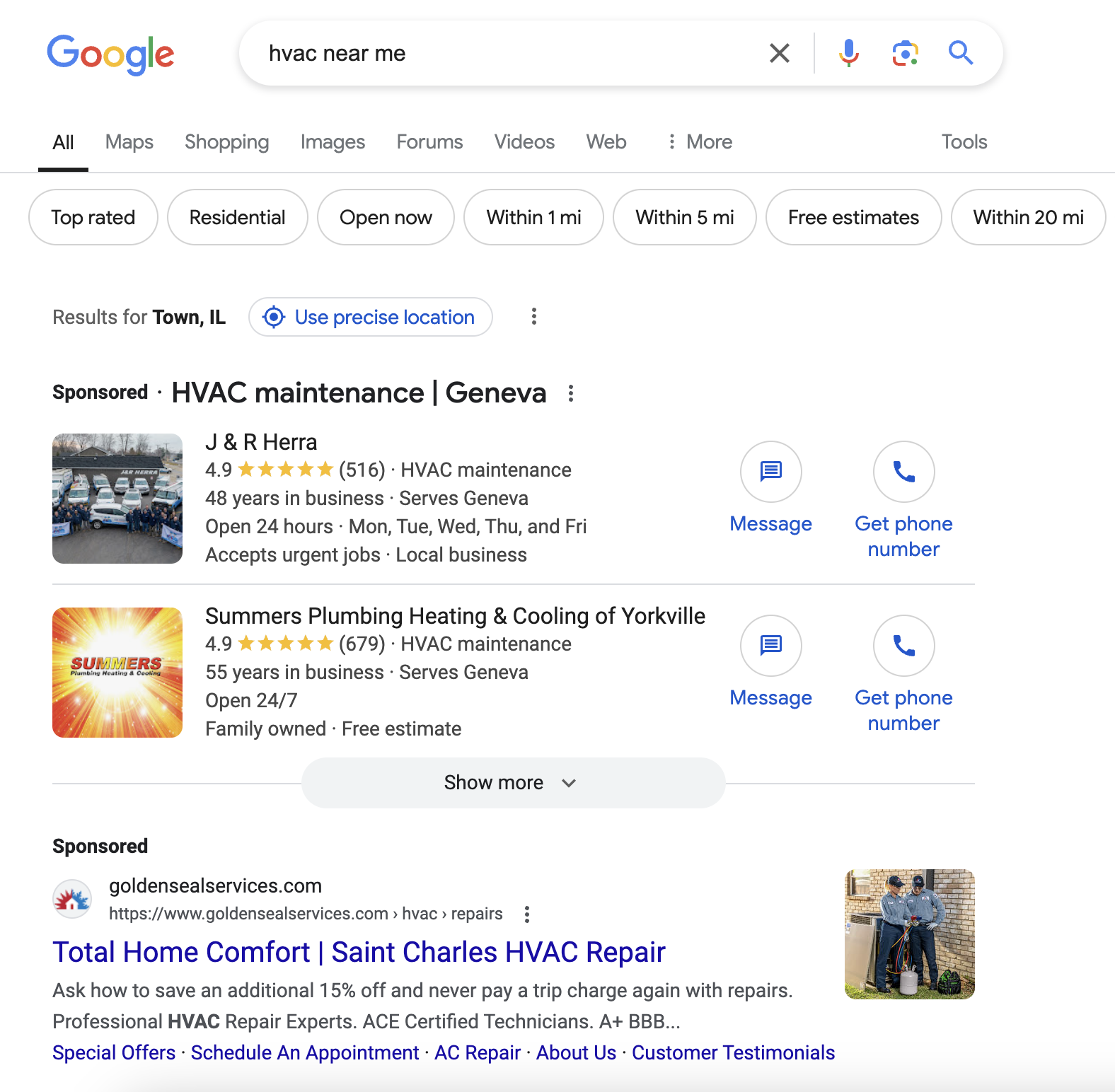 Sponsored local business show at the top with buttons to message and get phone number, followed by paid search ads
