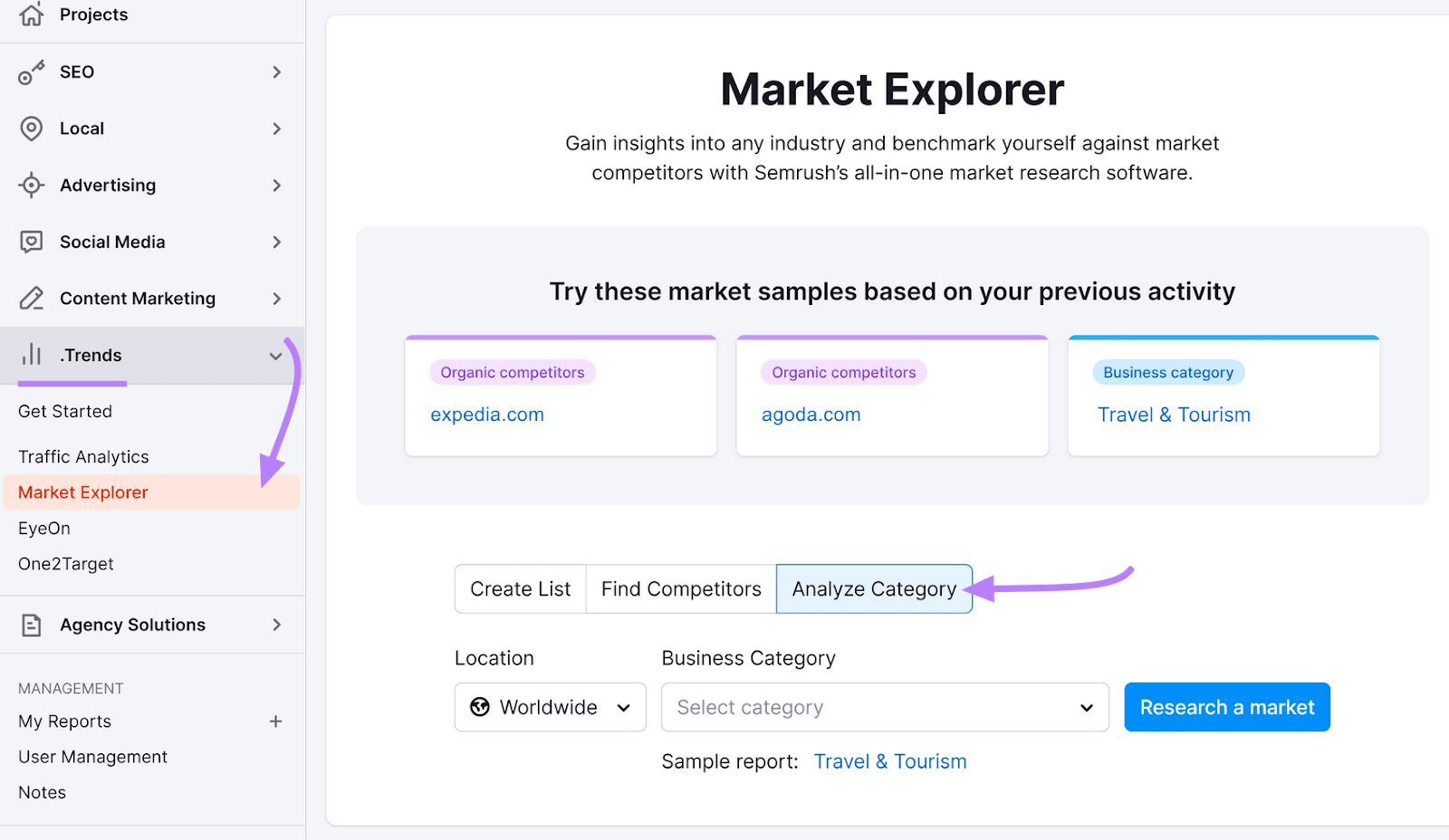 Semrush’s Market Explorer tool