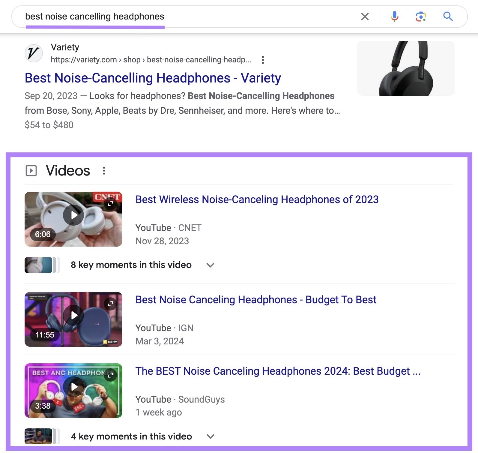 "Videos" section on Google SERP for the search term 'best noise cancelling headphones'.