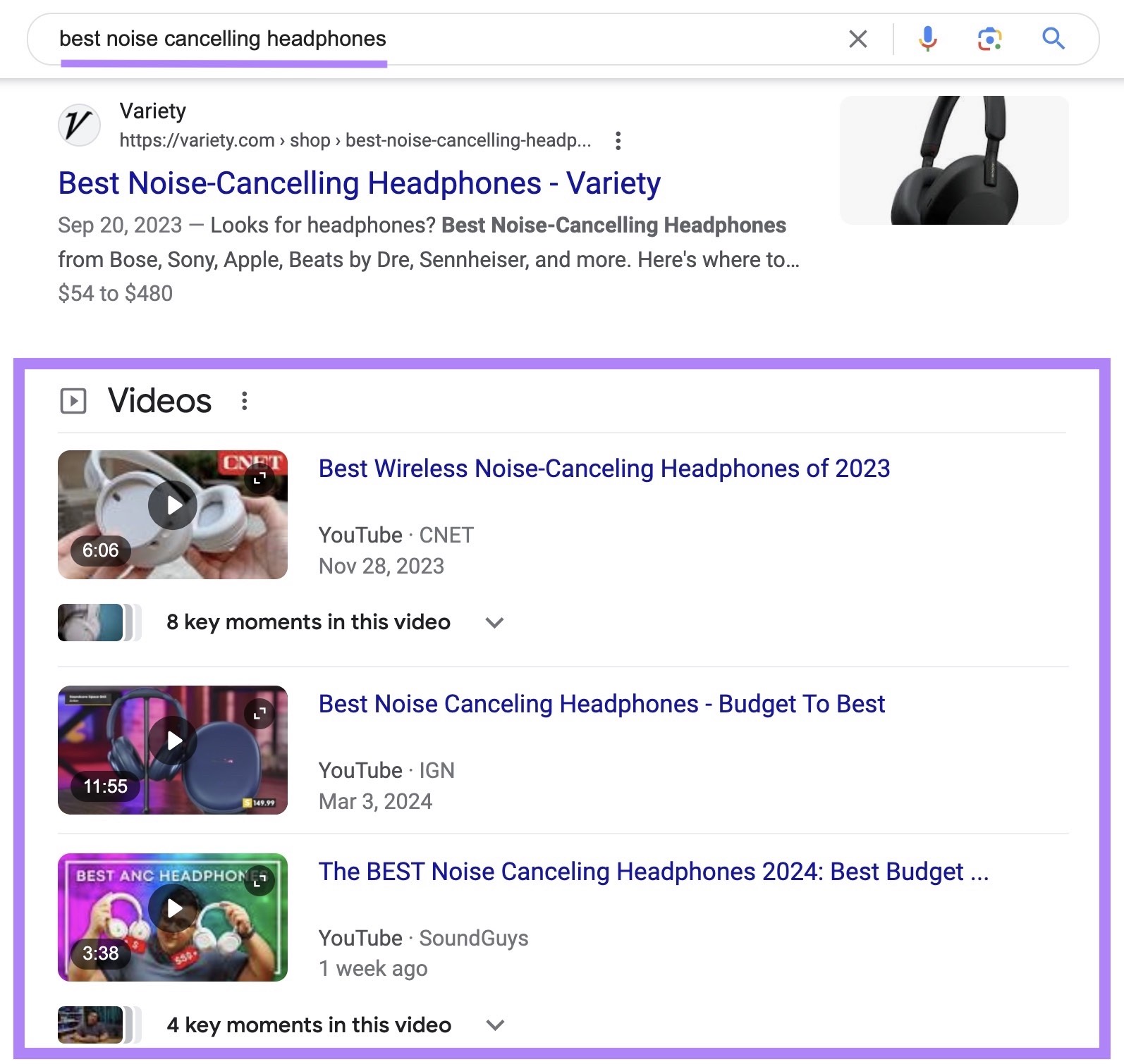 "Videos" conception  connected  Google SERP for the hunt  word  'best sound  cancelling headphones'.