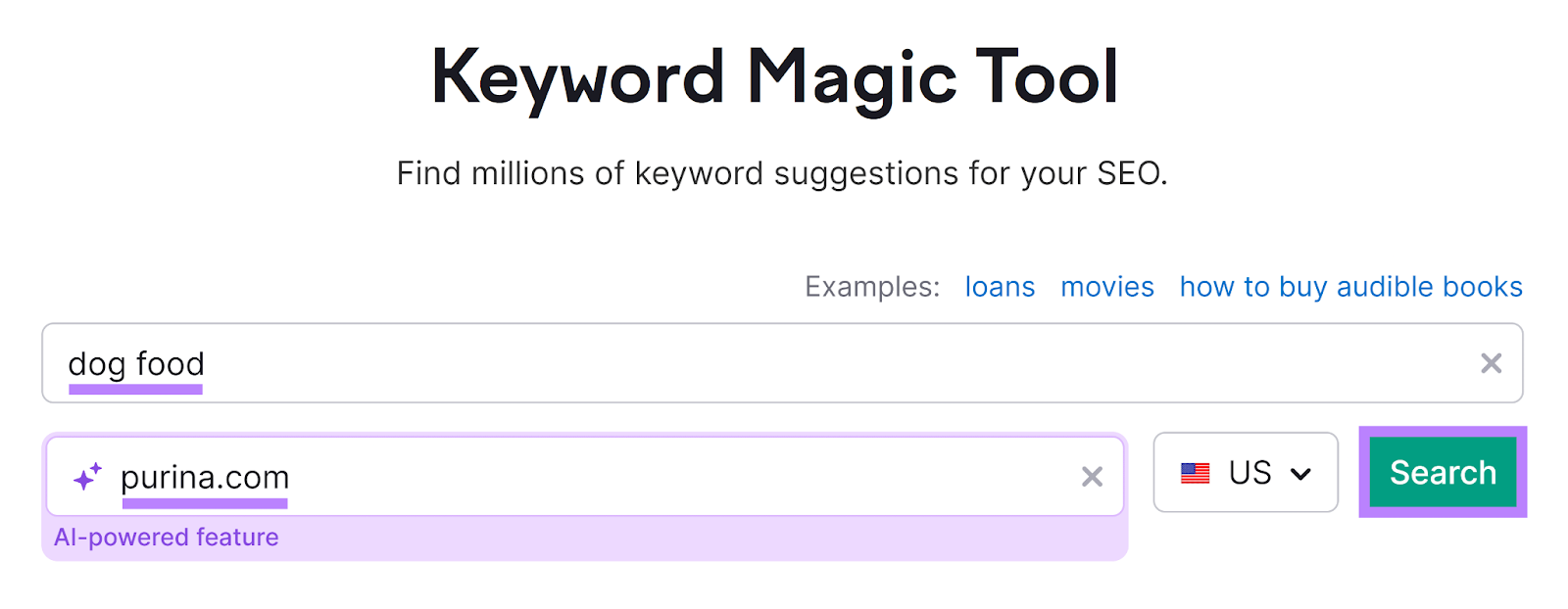 Keyword Magic Tool start with keyword and domain entered and Search button highlighted