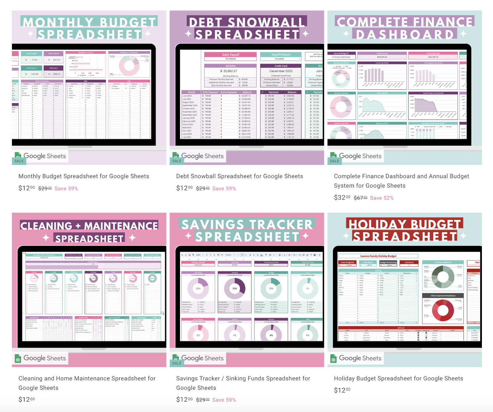 Google Sheets template products list