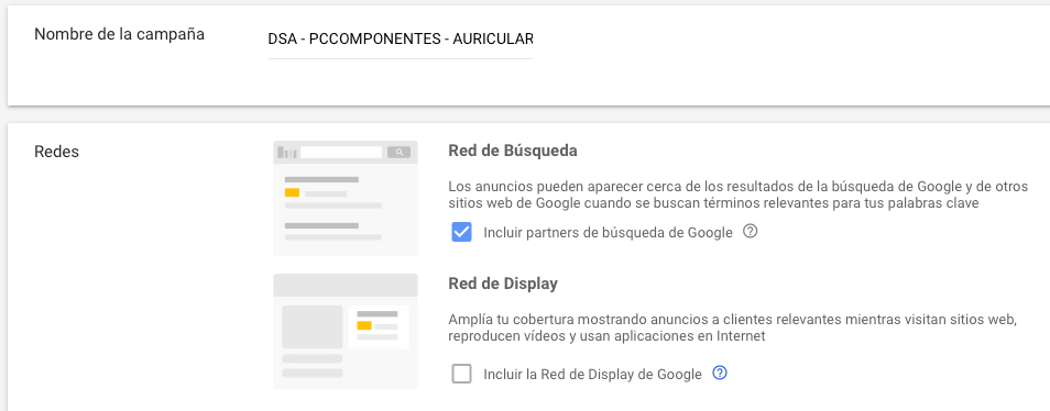 Anuncios dinámicos de búsqueda - Configuración de la red