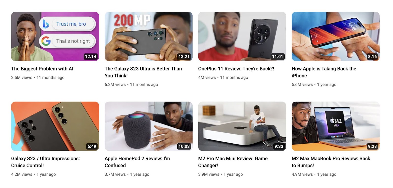 A section of Marques Brownlee's channel, showing video thumbnails featuring shots of the products
