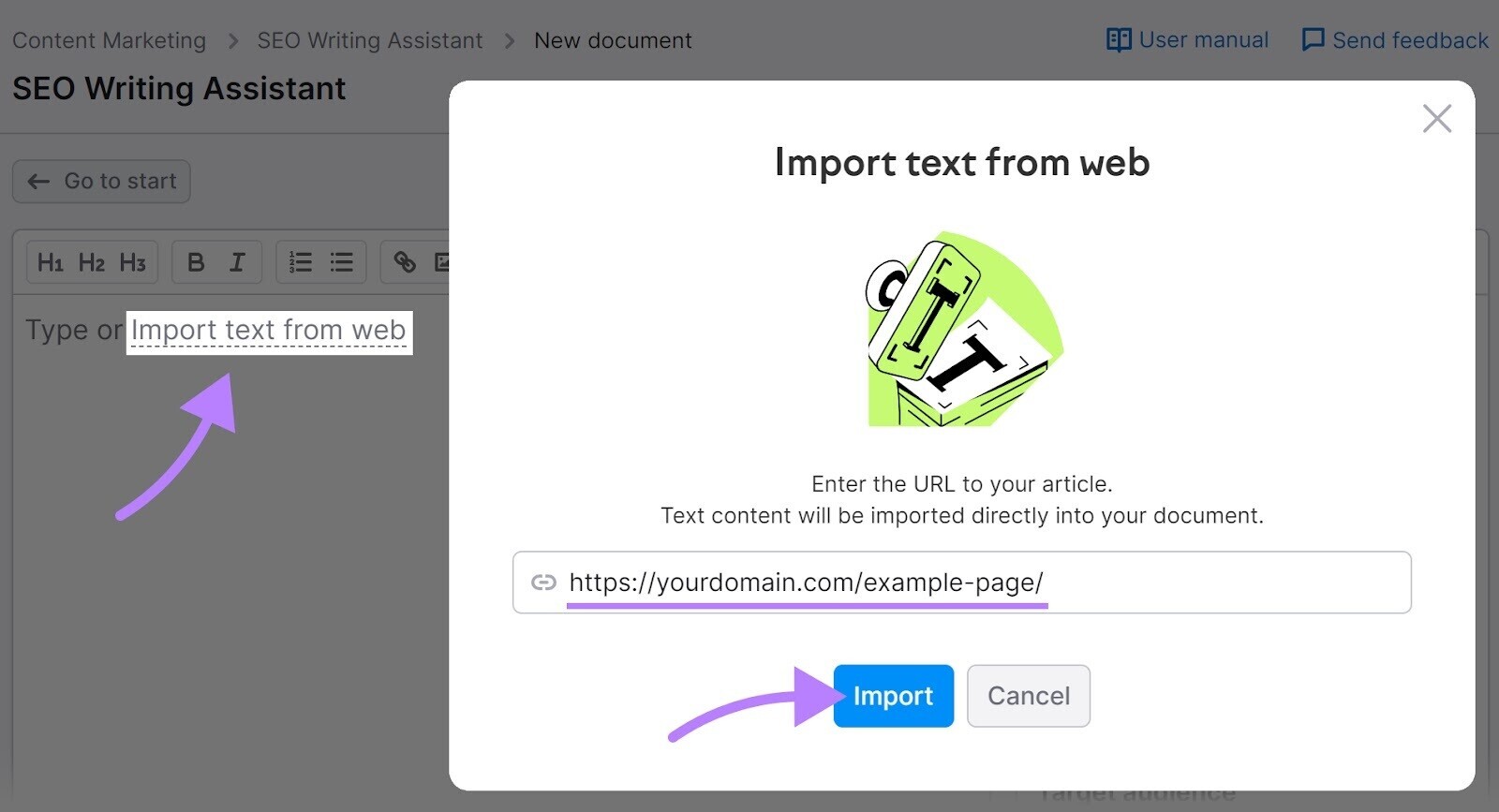 “Import text from web” box in SEO Writing Assistant tool