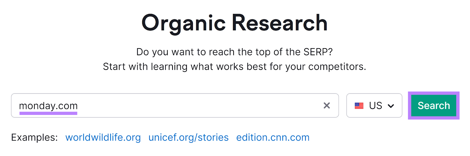 Semrush Organic Research tool start with domain entered and Search button highlighted