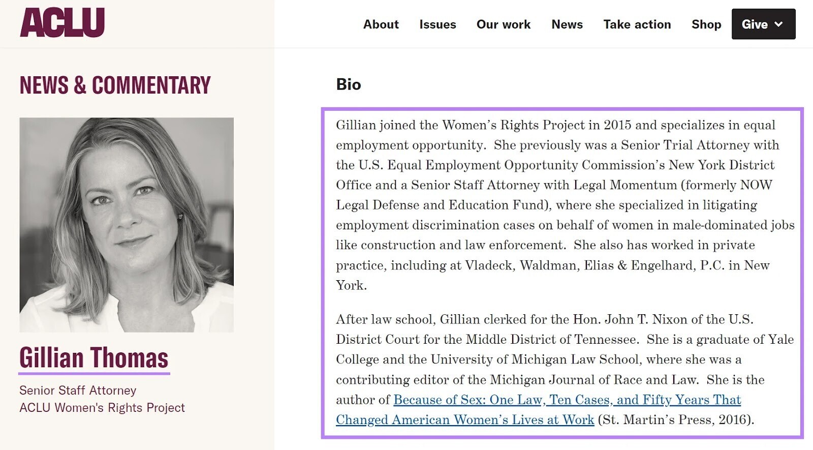 Author's bio page on ACLU website