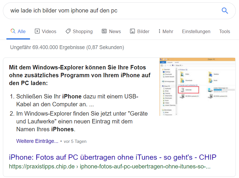 Hervorgehobenes Snippet im Google-Suchergebnis