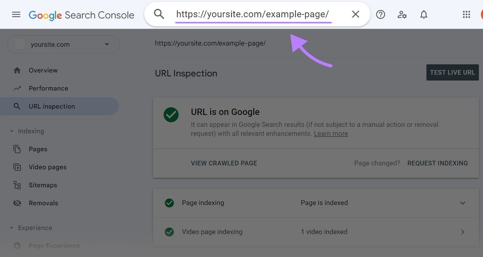 check whether your website is indexed by Google by entering URL to Google Search Console