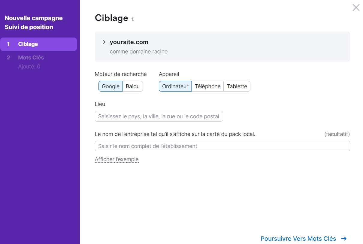 Paramétrage du ciblage dans Suivi de position de Semrush