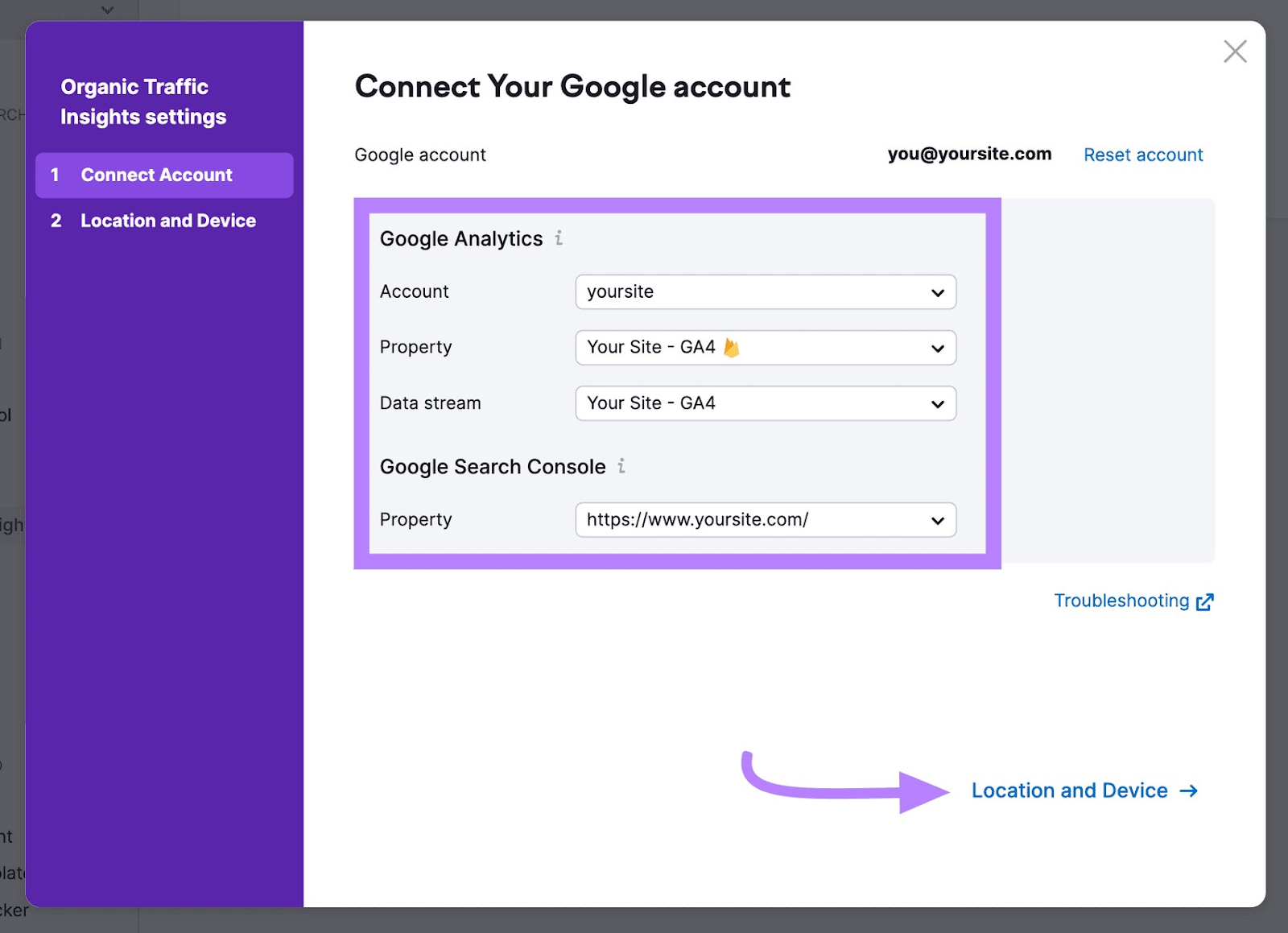 Adding accounts, properties, and data streams under "Google Analytics" section