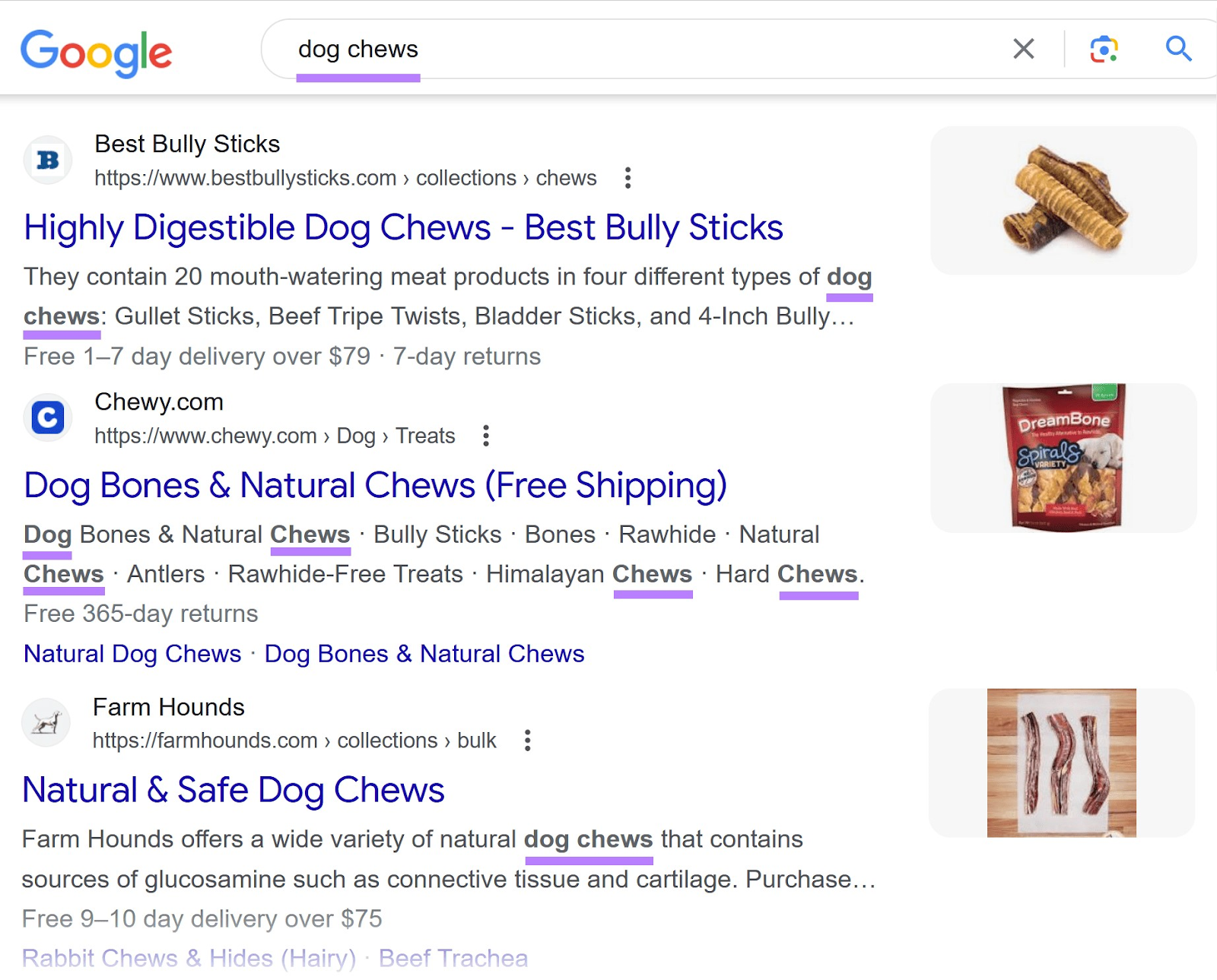 Google search results for “ chews” with keywords highlighted