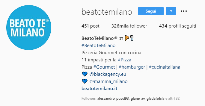 esempio di bio dell'account instagram di un ristorante milanese