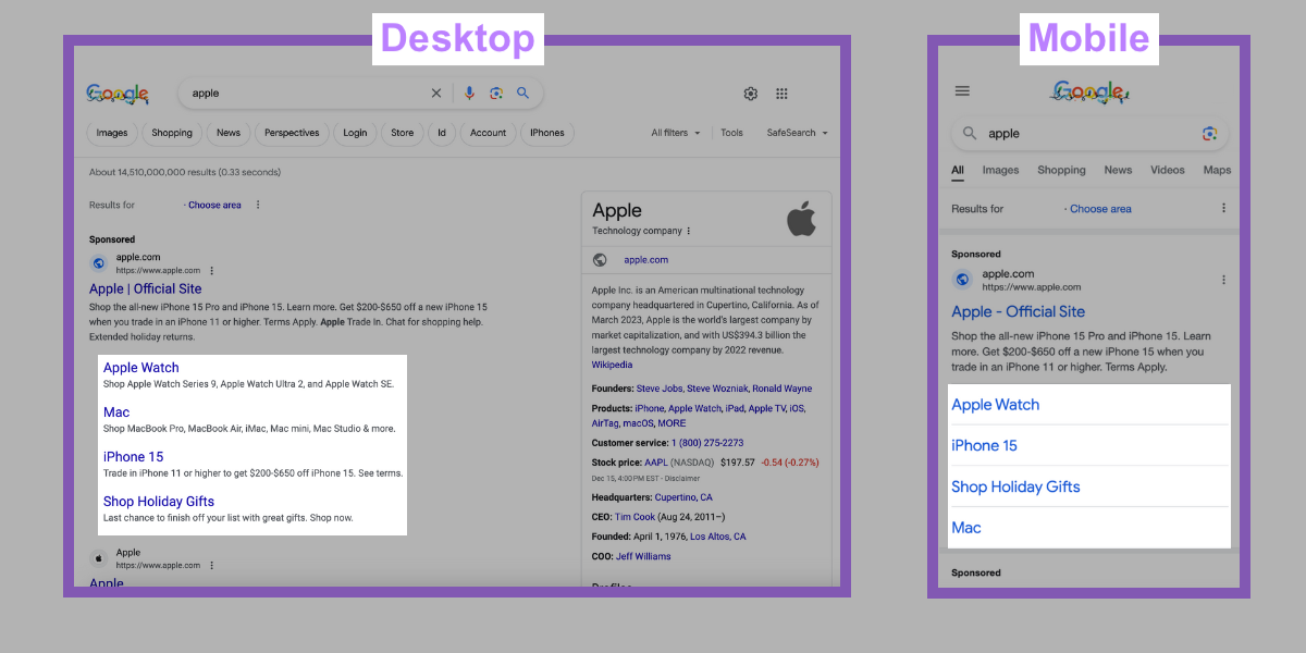 Sitelinks above the fold on desktop (left) and mobile (right)