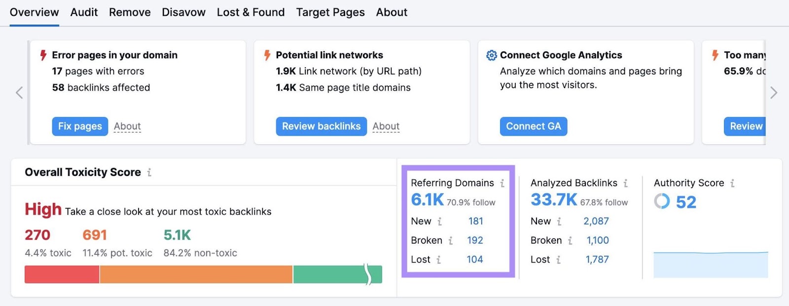 “Referring Domains” conception  highlighted successful  the Backlink Audit dashboard