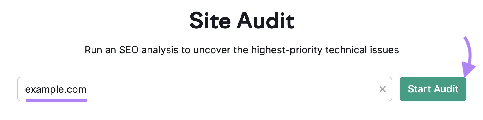 Site Audit tool start with a domain entered and "Start Audit" clicked.