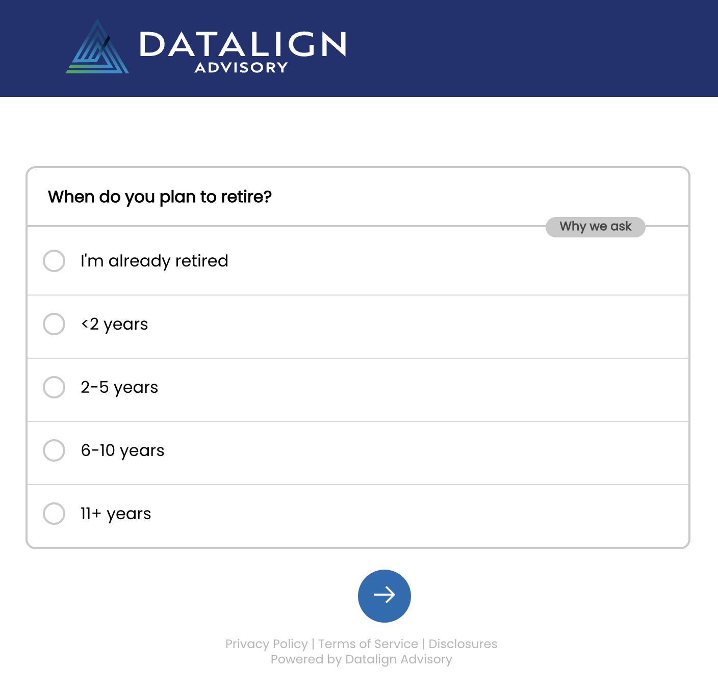 Datalign questionnaire asking readers when they plan to retire alongside multiple choice options