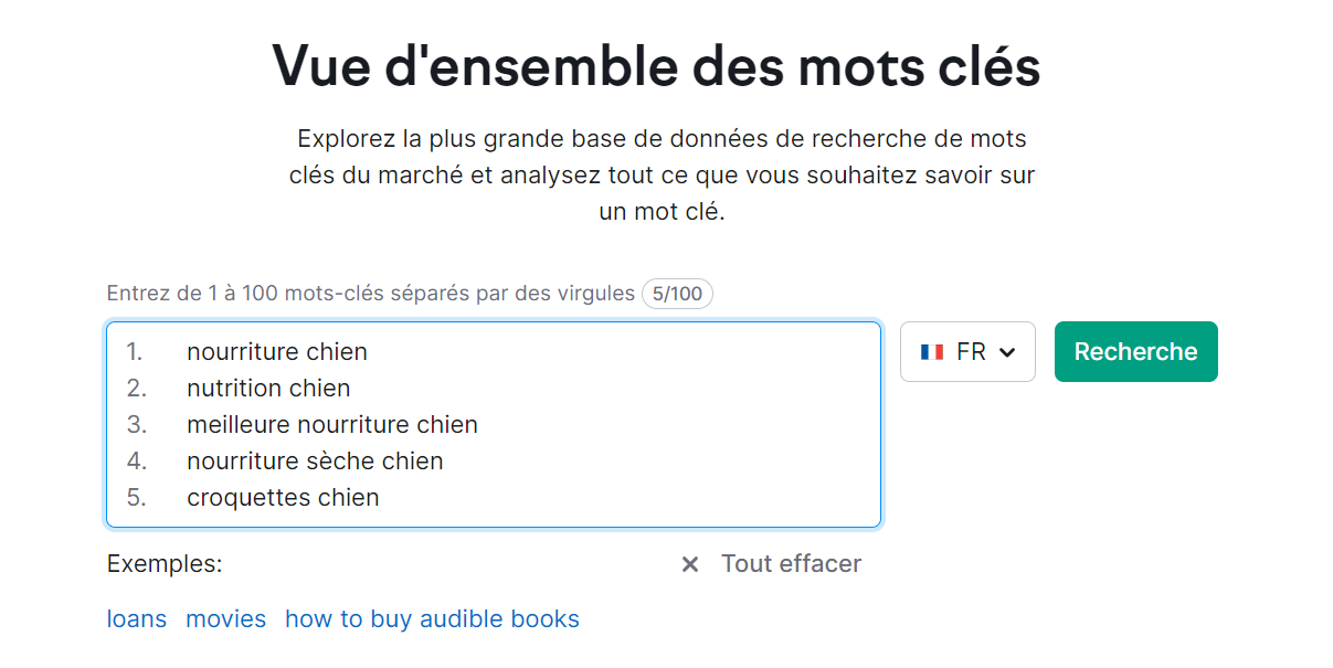 Vue d'ensemble des mots clés, saisir les mots clés