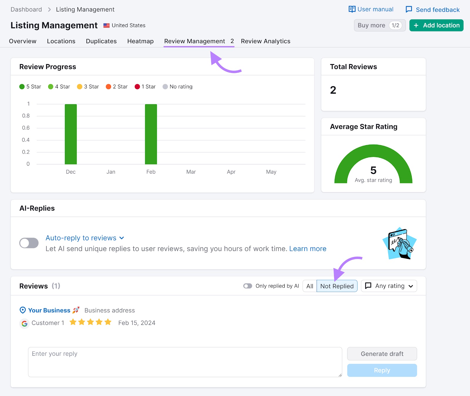 Listing Management tool "Review Management" tab with an arrow pointing to the "Not Replied" filter.