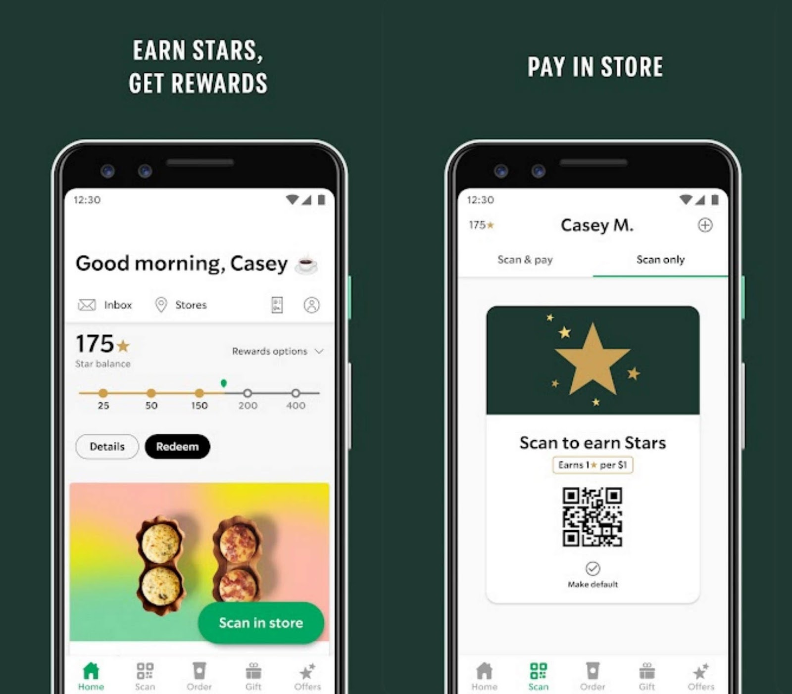 Starbucks app shown on two mobile screens