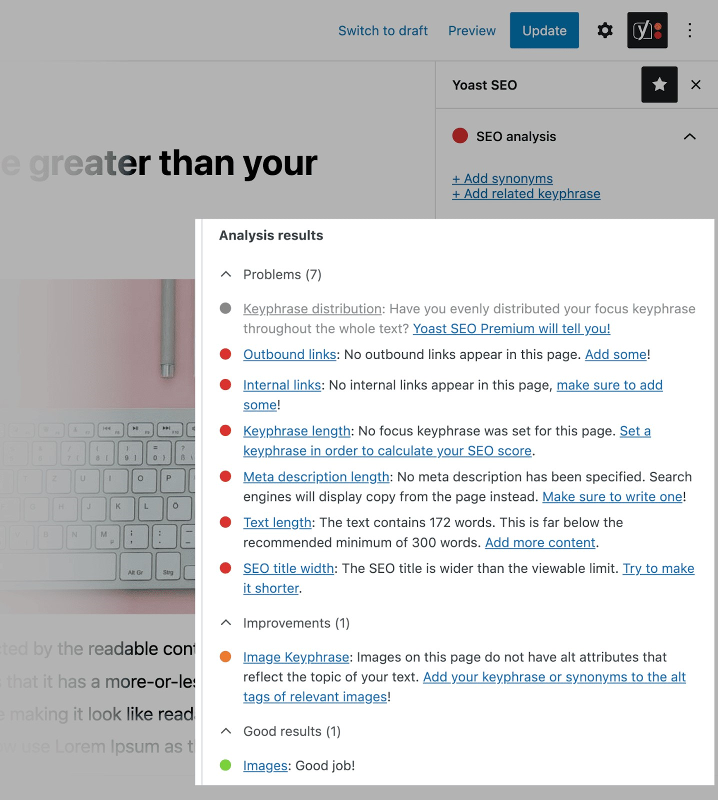 "Analysis results" section in Yoast SEO, listing problems, improvements and good results