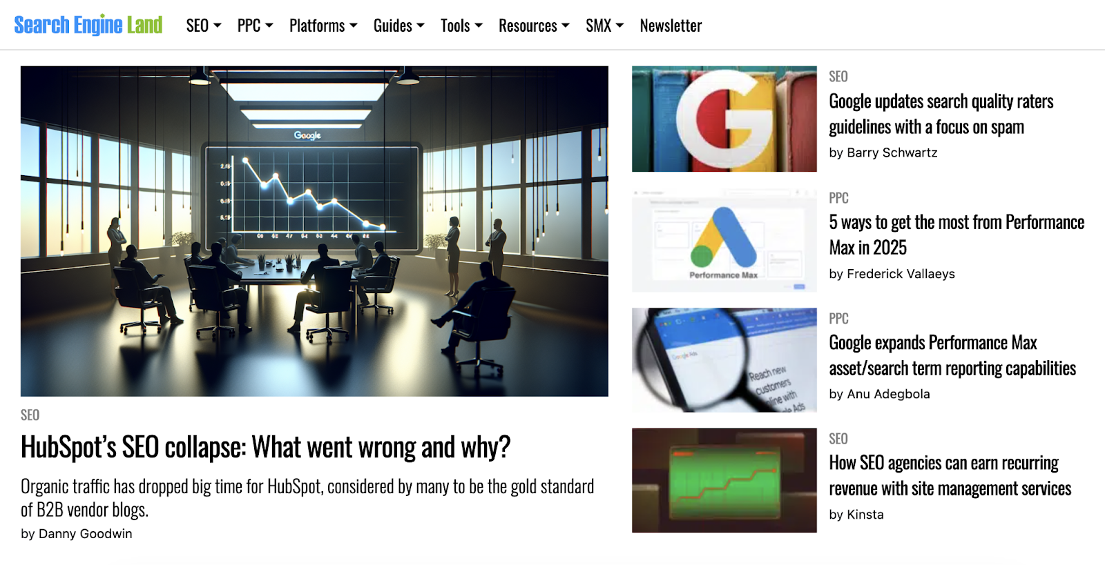 Search Engine Land's homepage features SEO content on Google updates to search quality raters guidelines, performance max in PPC, and more.