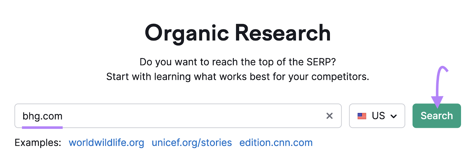 "bhg.com" entered into Organic Research search bar