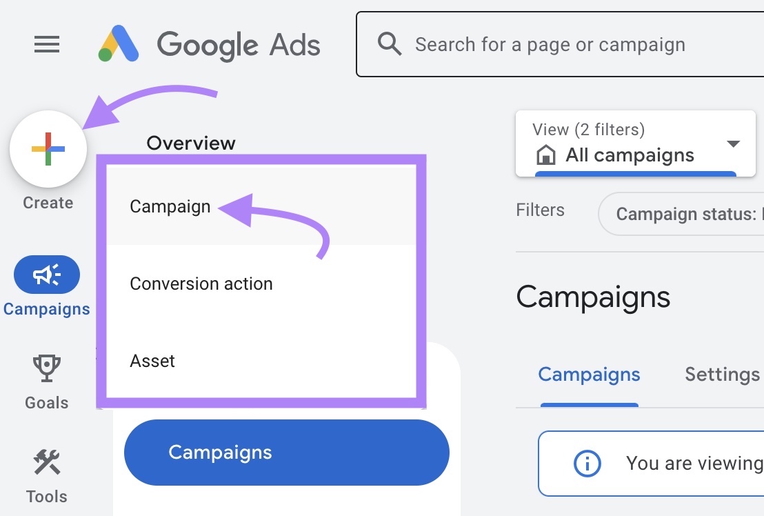 Google Ads dashboard with "Create" clicked and "Campaign" selected.