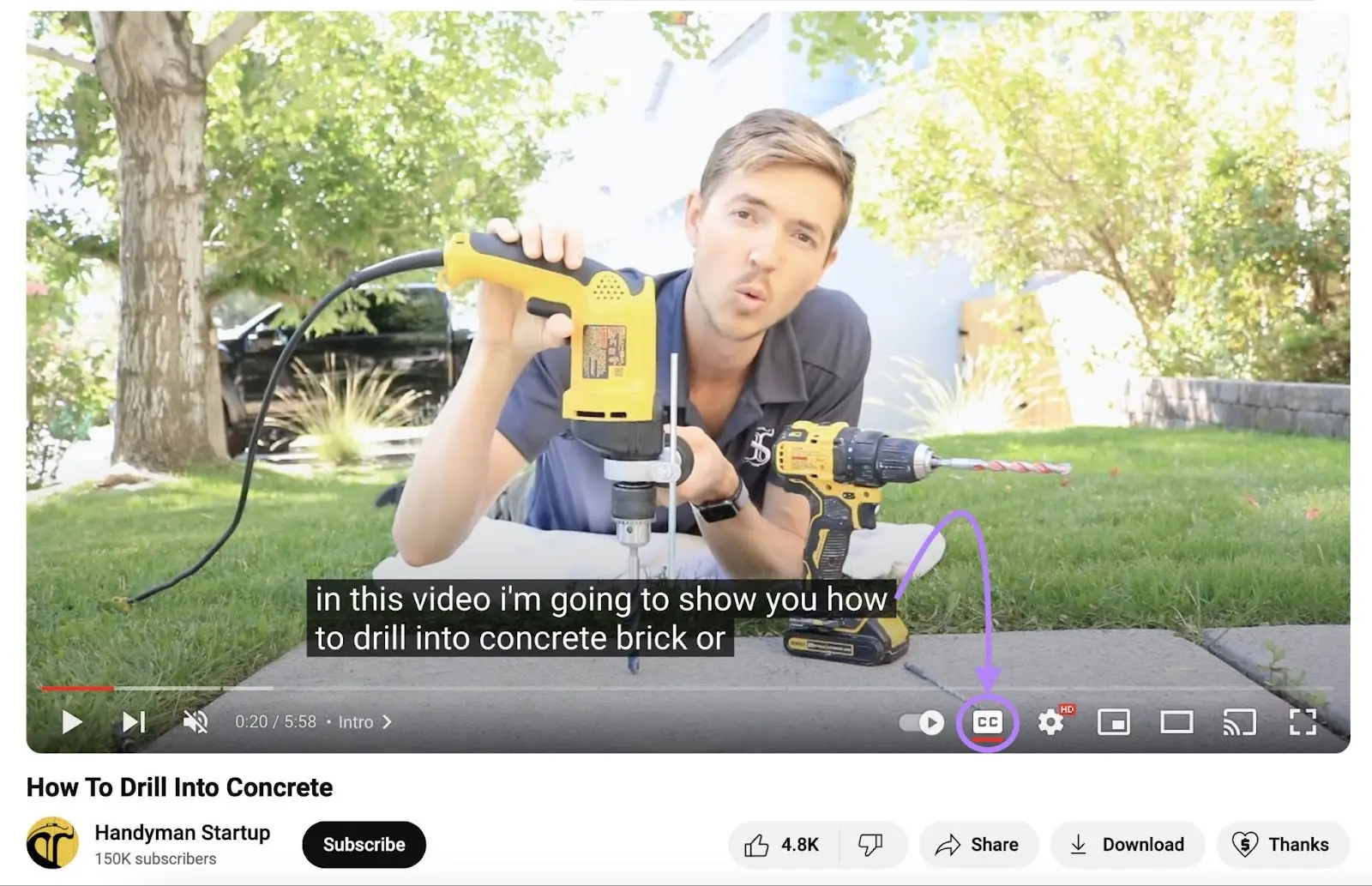 Handyman Startup YouTube video playing with captions and arrow pointing to highlighted CC icon successful  video player