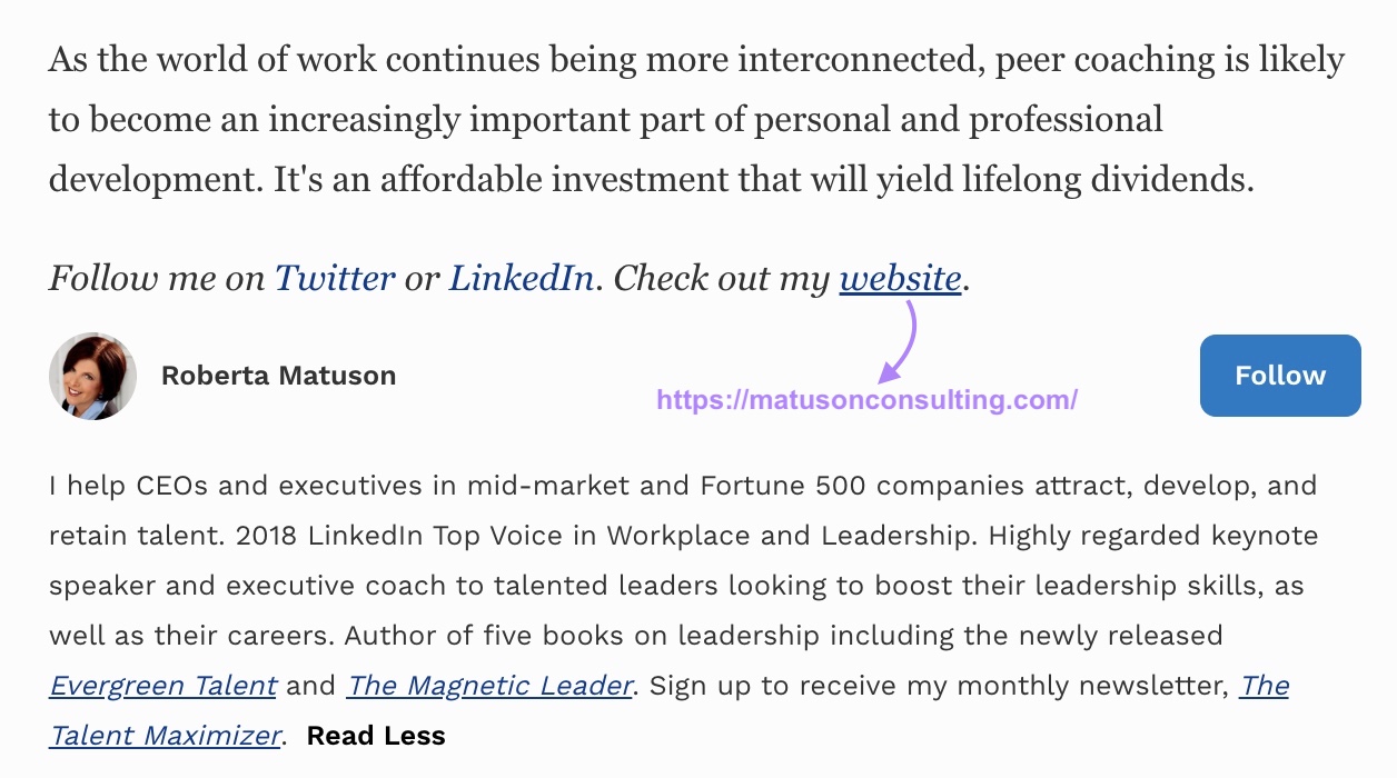 an author's bio on Forbes page, with a backlink to author's website