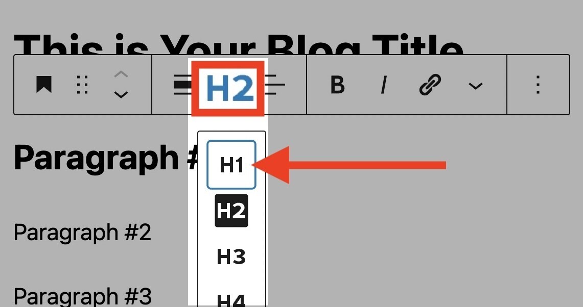 change H2 to H1 in wordpress editor
