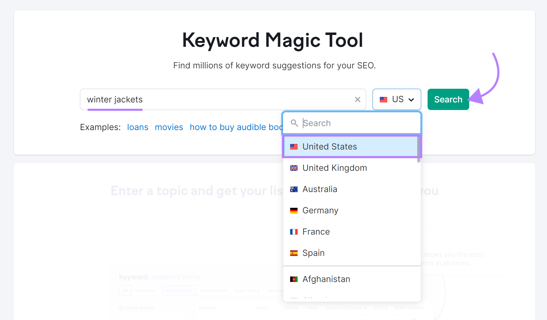 Keyword Magic Tool with the location selector unfurled