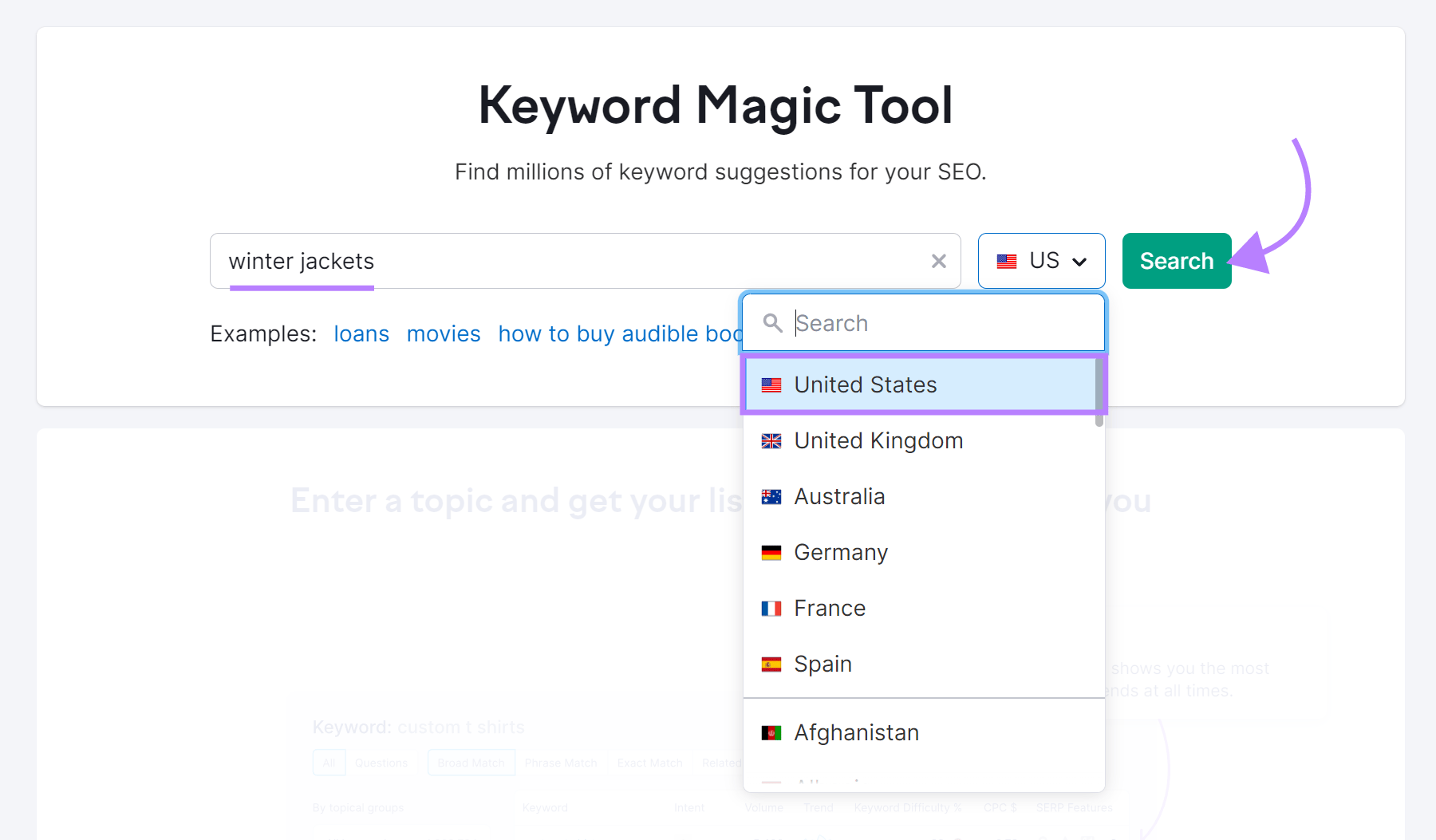 Keyword Magic Tool with the determination  selector unfurled