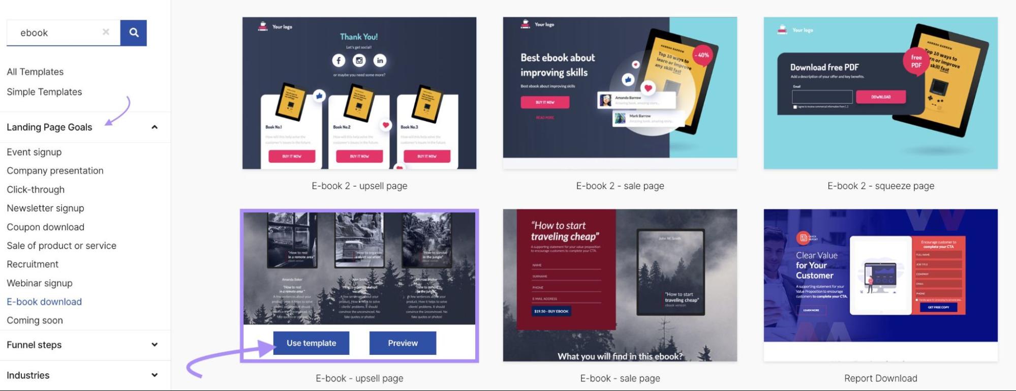 Landing Page Goals section with a template selected