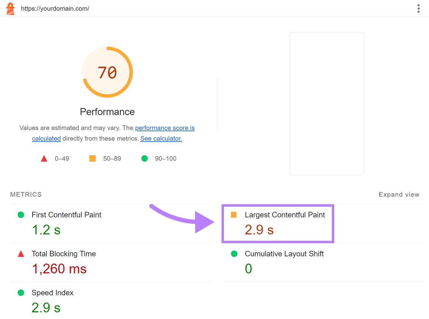 "Largest Contentful Paint" metric highlighted in the Google Lighthouse report