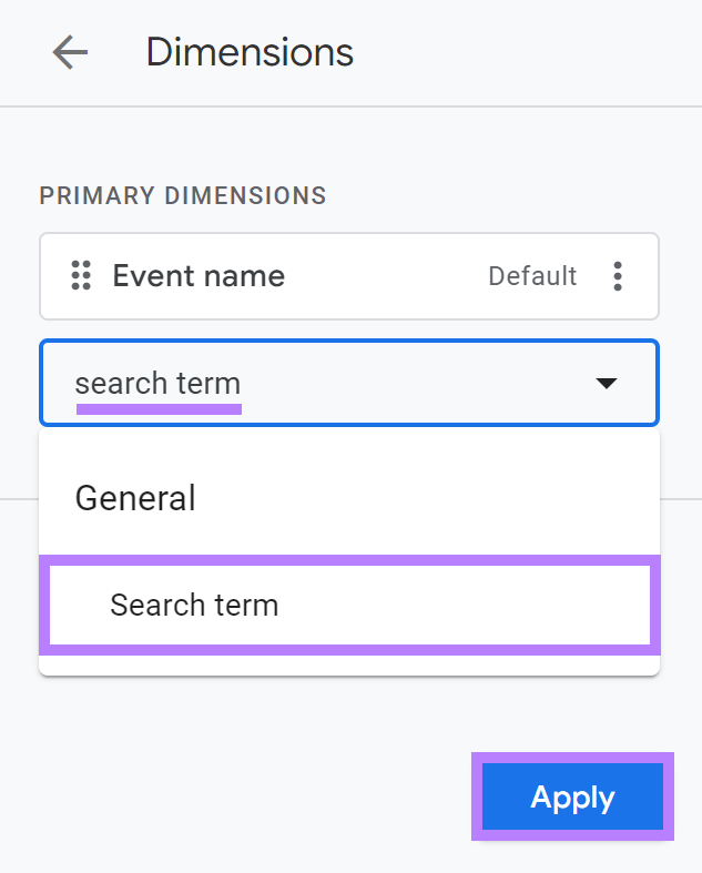 'search term' typed in input field and Search term option in suggested results highlighted.