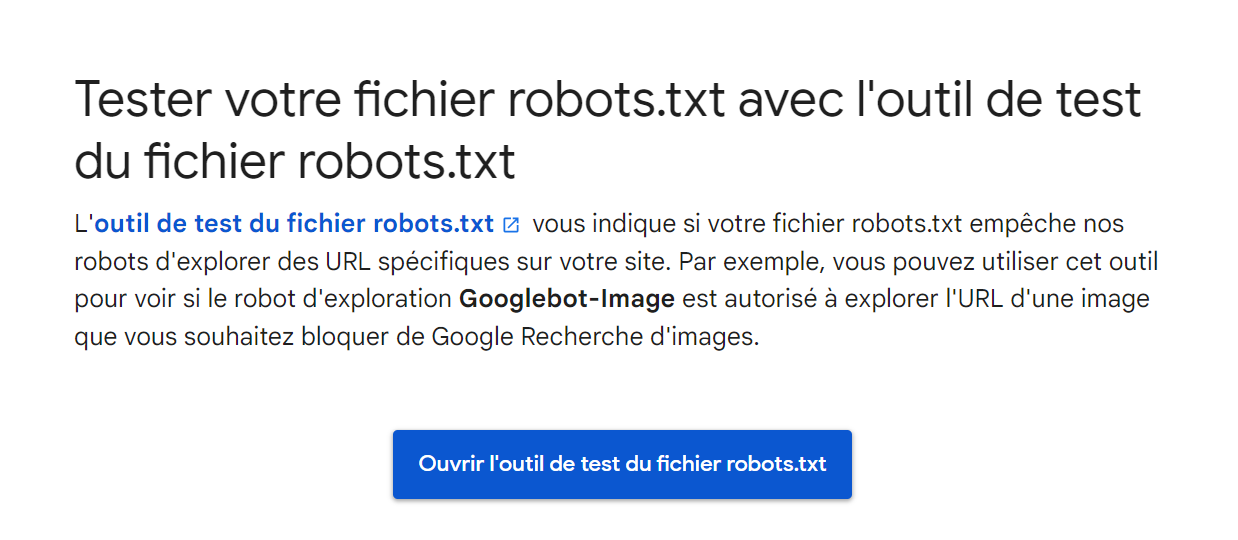 Ouvrir l'outil de test du fichier robots.txt