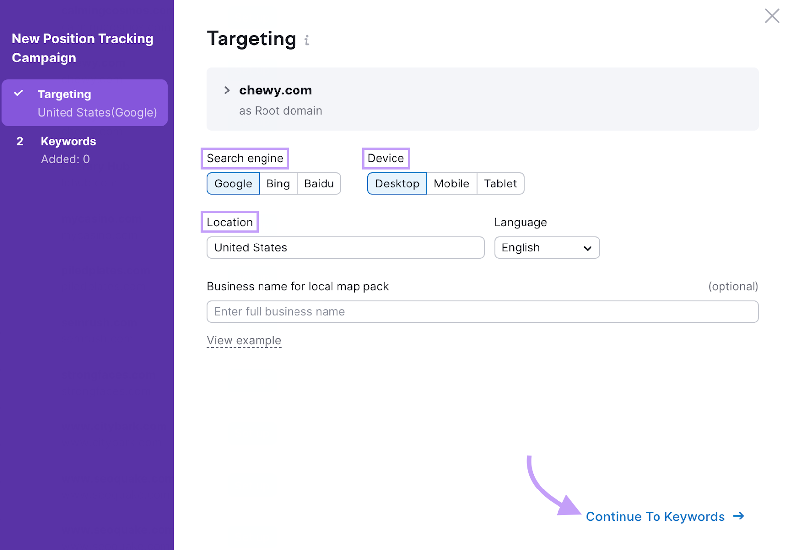 Position tracking targeting settings surface  showing options to take  from specified  arsenic  hunt  motor  and device.