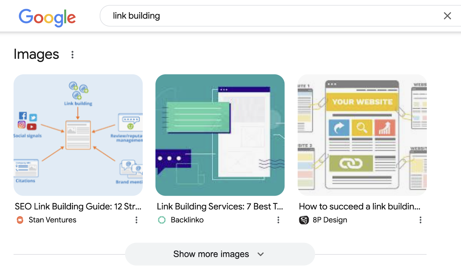 Image pack on the SERP shows a few visual examples of link building.