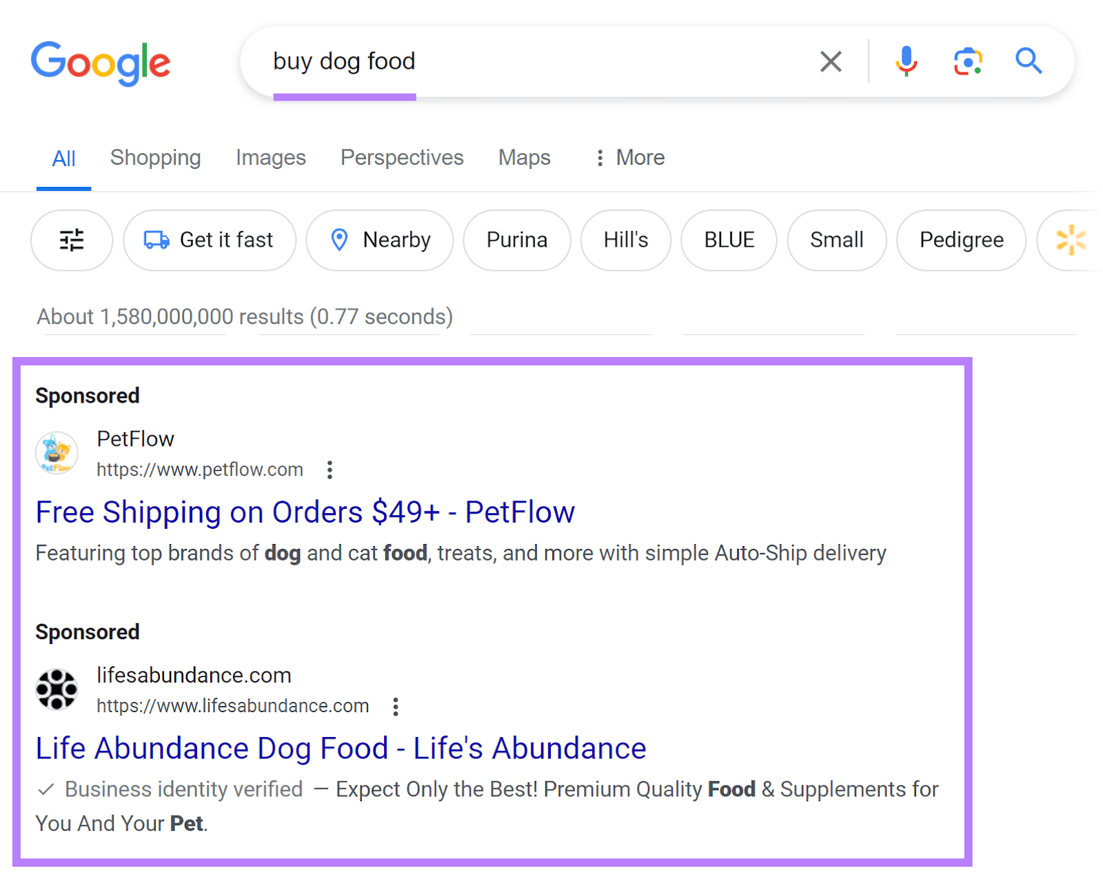 Search ads appearing connected  Google for "buy canine  food" query
